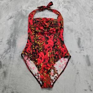NEW Ingear Swimsuit Womens 16 Red Black Geometric Halter Tie Ruched Built-In Pad